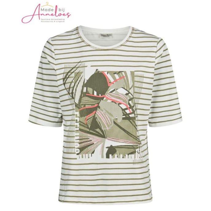 Barbara Lebek shirt 6204 streep opdruk Kaki ecru